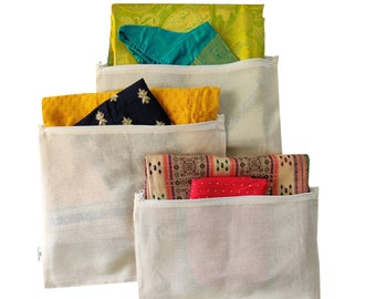 Housses pour vêtements en coton faites main avec fermeture éclair/16 x 14 po./housse sari/pack de voyage/sac à vêtements/organisateur de penderie (lot de 5, 10 ou 15)