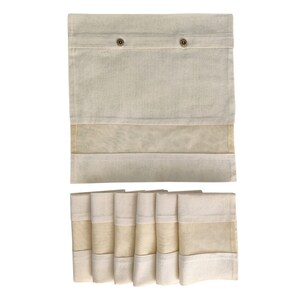 May include: A set of beige roman shades with a sheer panel. The shades are made of a woven fabric and have a simple design. The shades are shown in both a rolled up and unrolled position.