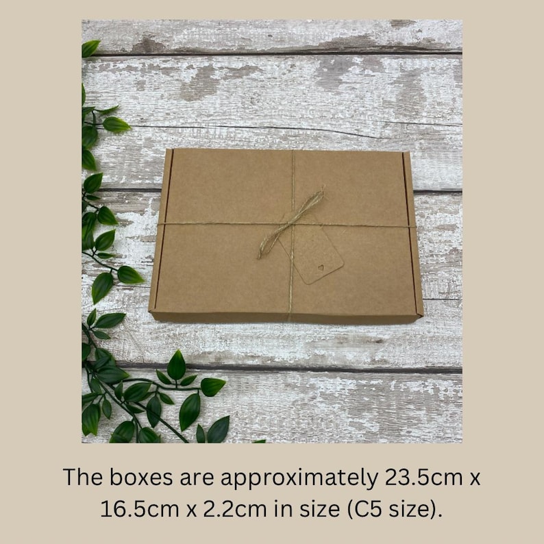 May include: A rectangular, brown cardboard box tied with twine and a small tag. The box is approximately 9.25 inches long, 6.5 inches wide, and 0.87 inches high. The text on the image says the boxes are approximately 23.5cm x 16.5cm x 2.2cm in size (C5 size).