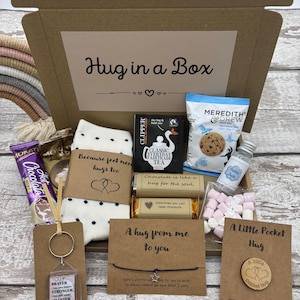 Hug in a Box Gift: Socks, Bubble Bath, Handmade Keyring, Pocket Hug, Bracelet and Treats