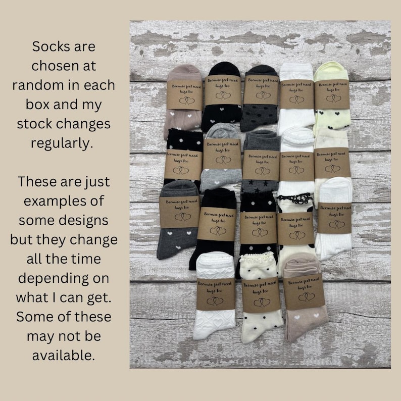 May include: A collection of assorted socks, each wrapped with a brown paper band. The socks feature various patterns, including hearts, polka dots, and stars. The text on the paper reads "Because just need hugs for you."
