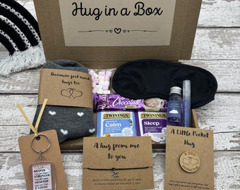 Hug in a Box Gift: Sleep Mask, Sleep Spray, Socks, Handmade Bracelet, Keyring, Pocket Hug and Treats