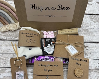 Hug in a Box Gift: Notebook, Pencil, Socks, Handmade Bracelet, Handmade Keyring, Pocket Hug and Treats