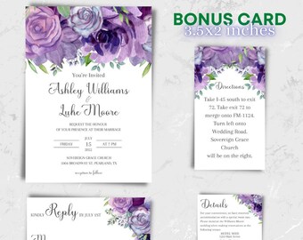 May include: Purple floral wedding invitation with a watercolor design. The invitation includes the names Ashley Williams and Luke Moore, the date and time of the wedding, and the location. The invitation also includes a RSVP card with a floral design.