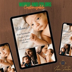 Digital Boy or Girl Birth Announcement Photo Card, Editable Newborn Birth Day, Downloadable and Printable Baptism Picture Card Invitations