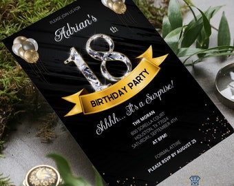 18th Birthday Invitation Template: Black and Gold Diamond (Printable Download)