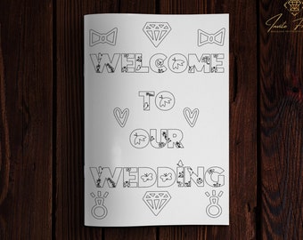 Puede incluir: Un cartel de bienvenida imprimible para una boda con el texto "Bienvenido a nuestra boda" rodeado de elementos decorativos como pajaritas, corazones y diamantes.