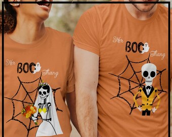 Boo Thang Halloween Couples TShirt For Wedding Anniversary Gift, Engagement Shirt For Bride And Groom, Gothic Boo Thing, Skeleton Bride Tees