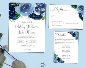 Blue Floral Wedding Invitation Suite: DIY Printable Canva Template
