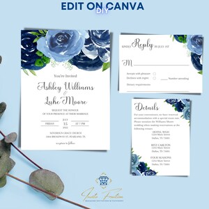 Blue Flower Bouquet Wedding Invitation Suite Editable in Canva, DIY Printable Photo Invitation Template, Floral Summer Wedding Invites