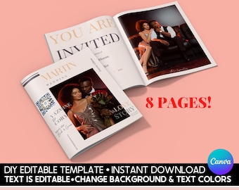 Invito per rivista modificabile per matrimonio, modello di invito fai da te pieghevole per rivista Canva con download istantaneo, copertina di rivista di moda personalizzabile
