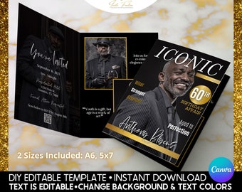 Folding DIY Birthday Magazine Invitation Template for Him, Instant Download Mens Birthday Party, Printable Digital Editable Magazine Booklet