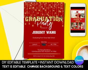 Graduation Party Invitation Template, Gold Confetti, Printable Announcement (via Canva)