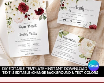 Burgundy Blush Floral Wedding Invitation Suite Template (DIY Printable)