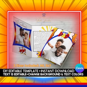 Cartão de História em Quadrinho de Super-herói Super Pai DIY Editável e Imprimível para o Dia dos Pais! Tema de Histórias em Quadrinhos Dobráveis com Fotos para um Presente Inesquecível!