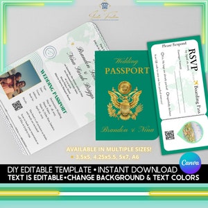 Hochzeitspass Port Einladung Set DIY Canva Template Druckbare und Bearbeitbare Smaragd Grün Travel Boarding Pass Antwort-QR Code Sofort-Download