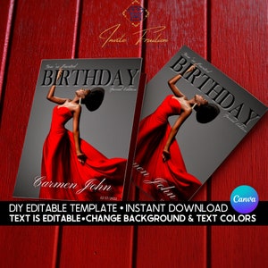 May include: Editable birthday invitation template featuring a woman in a red dress. The text "You're Invited Birthday Special Edition" is at the top of the invitation. The text "Carmen John 12/17/2022" is at the bottom of the invitation. The invitation is designed to be customized with your own text and colors.