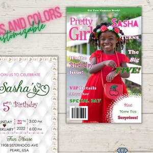 Capa de revista de aniversário de menina bonita digital e convite para qualquer idade, convites para impressão, foto de convite eletrônico e festa infantil, irmandade