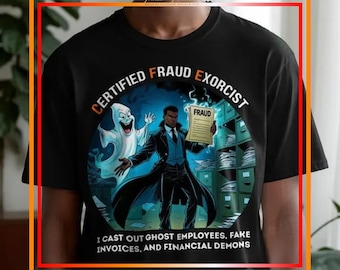 Certified Fraud Exorcist TShirt, Funny Halloween CFE Tee for Fraud Examiners, Auditors and Compliance, Spooky Ghost Office AML Shirt for Men
