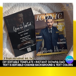 DIY Birthday Magazine Invitation Template for Him, Instant Download Mens Birthday Party Decor, Printable Digital Editable Magazine Cover