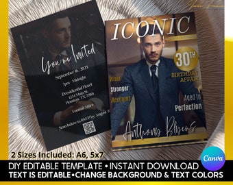 DIY Birthday Magazine Invitation Template for Him, Instant Download Mens Birthday Party Decor, Printable Digital Editable Magazine Cover