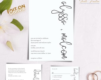 May include: Wedding invitation with a white background and black text. The invitation reads "You are invited to celebrate the marriage of Alyssa Jones and Malcolm Taylor" followed by the date, time, and location of the wedding. The invitation also includes a RSVP card with a space for guests to indicate whether they will be attending the wedding.