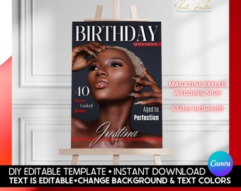 DIY Modern Birthday Magazine Sign Template, Instant Download DIY Birthday Party Welcome Signage, Printable Digital Editable Poster in Canva