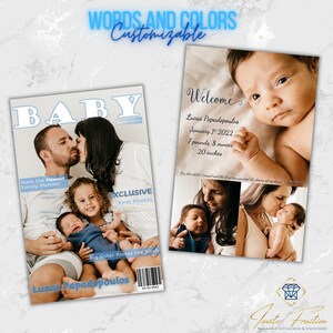 Revista digital con invitaciones de cumpleaños para niños o niñas, revista con fotos editables para anunciar el nacimiento, invitaciones con imágenes para bautizos descargables