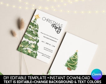 Könnte beinhalten: Zwei weiße Weihnachtsparty-Einladungskarten. Eine zeigt einen Aquarell-Weihnachtsbaum mit einem goldenen Stern und dem Text "CHRISTMAS Party". Die andere Einladung hat eine Weihnachtsbaum-Illustration. Der Text lautet "DIY EDITABLE TEMPLATE".