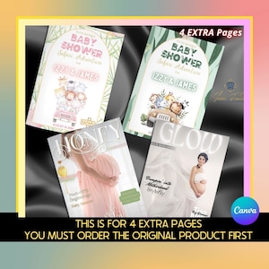 May include: Image features four pages with baby shower and maternity magazine covers. The baby shower pages have a safari theme with animal illustrations and the text "Baby Shower Safari Adventure for Izzy & James." The magazine covers include the text "HONEY" and "GLOW."