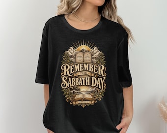 Remember The Sabbath Day T-Shirt, Christian Faith Shirt, Vintage Bible Verse Scripture Tee, Exodus 20 Ten Commandments Faith Gift