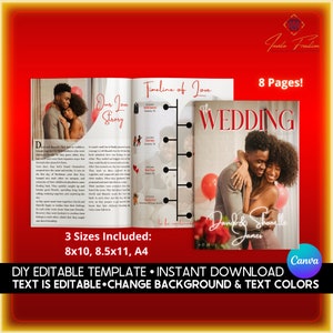 Op de afbeelding: Een sjabloon voor een huwelijks-scrapbook met een rode achtergrond en een foto van een stel dat elkaar omhelst. De tekst "The Wedding" staat in grote witte letters. De tekst "David & Shanelle James" staat in witte cursieve letters. De tekst "8 Pages!" staat in witte letters. De tekst "3 Sizes Included: 8x10, 8.5x11, A4" staat in witte letters. De tekst "DIY Editable Template Instant Download Text is Editable Change Background & Text Colors" staat in witte letters.