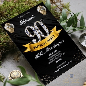 90th Birthday Party Invitation, Printable Invitation, Surprise Birthday Invitation Template, Downloadable Black and Gold Diamond Invites