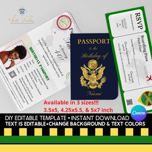 Modelo de convite para passaporte Canva para impressão, faça você mesmo e com tema de viagem, download instantâneo, convite de aniversário faça você mesmo, convite de viagem editável RSVP