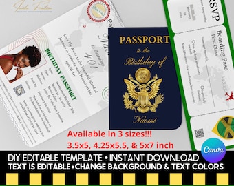 Passport Invitation Canva Template Printable Do it Yourself and Travel Themed, Instant Download DIY Birthday Travel Invitation Editable RSVP
