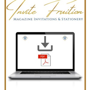 Puede incluir: Un port&aacute;til muestra un icono de descarga de PDF con el texto "Invite Fruition" en escritura dorada. La imagen tambi&eacute;n incluye la palabra "DOWNLOAD" en una fuente a rayas azul marino.
