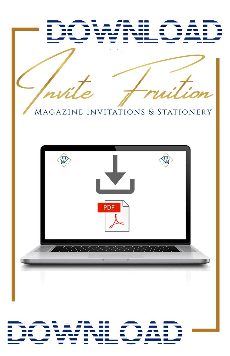 Puede incluir: Un port&aacute;til muestra un icono de descarga de PDF con el texto "Invite Fruition" en escritura dorada. La imagen tambi&eacute;n incluye la palabra "DOWNLOAD" en una fuente a rayas azul marino.
