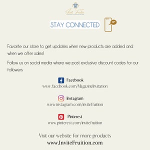 Puede incluir: Gr&aacute;fico color crema con el texto "STAY CONNECTED" e iconos de redes sociales para Facebook, Instagram y Pinterest. La imagen tambi&eacute;n incluye la direcci&oacute;n del sitio web www.InviteFruition.com.