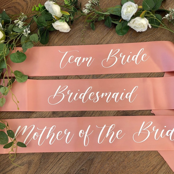 Elegant WHITE WRITING Bridal Party Sash | Hen do | Team Bride | Bride to Be | Quality Single Satin Ribbon