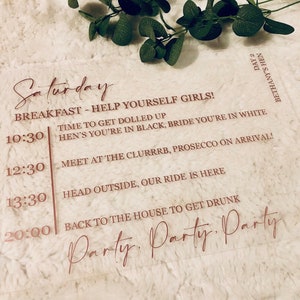 Elegant Itinerary Acrylic Sign | Wedding Hen Do A3, A2, A1 Timeline Sign | Frosted, Clear, Mirror Acrylic