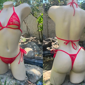 Red Lace String Bikini, See Thru Bikini, Thong Bikini with Adjustable Underboob Cut Out Top - ONE SIZE