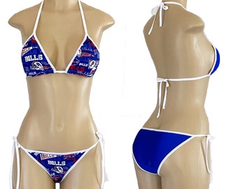 Buffalo Bills Skimpy String Bikini made w/Non-Stretch Sports Fabric and a Stretchy Lycra Rear, X-Small to Large, Scrunched or Not