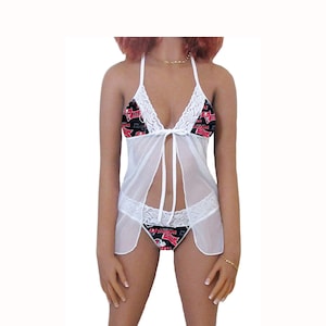 Buccaneers Lingerie White Lace Babydoll Top and String or Thong Panty, Tampa Bay Bucs Lingerie Set, Made to Order, XS - L