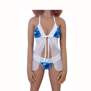 Panthers Lingerie White Lace Babydoll Top and String or Thong Panty, Carolina Panthers Lingerie Set, Made to Order, XS - L