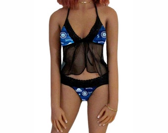 Seattle Mariners Lingerie Cami Top and String Thong Panty Set, X-Small to Large, Made to Order