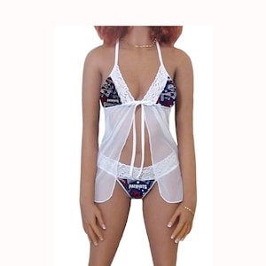 Patriots Lingerie White Lace Babydoll Top and String or Thong Panty, New England Patriots Lingerie Set, Made to Order, XS - L
