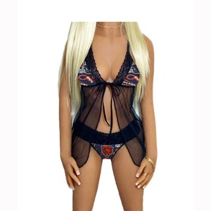 Chicago Bears Lace Babydoll Lingerie Set, Bears Lingerie Top and String or Thong Panty, Made to Order, XS - L