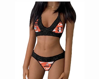 Browns Lingerie Tie-Top & Thong or String Panty, Cleveland Browns Lace Lingerie Set, Made to Order, XS - L