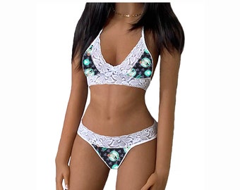 Celtics Lingerie White Tie-Top & Thong or String Panty, Boston Celtics Lace Lingerie Set, Made to Order, XS - L