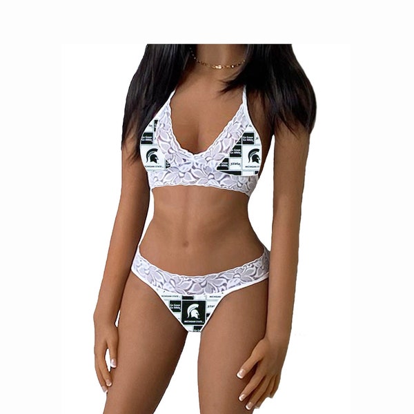 White Lace Tie-Top, String or Thong Panty Set Made w/Michigan State Spartans Fabric, Spartans Lingerie, Made to Order, XS - L